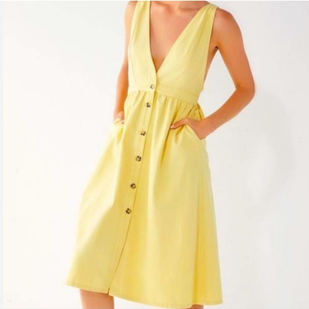 Urban Outfitters Danny Plunging Cotton Yellow Knee Length Button Down Sundress